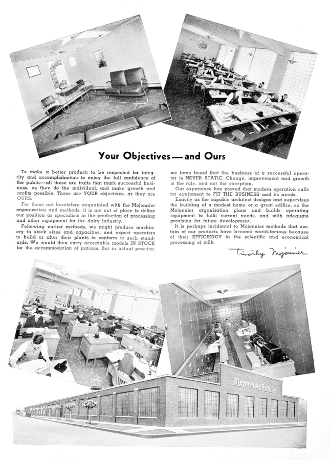 old ad for the Mojonnier company in black and white with pictures and objectives